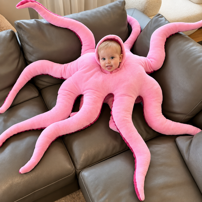 Disfraz infantil de pulpo rosa con capucha visto de frente