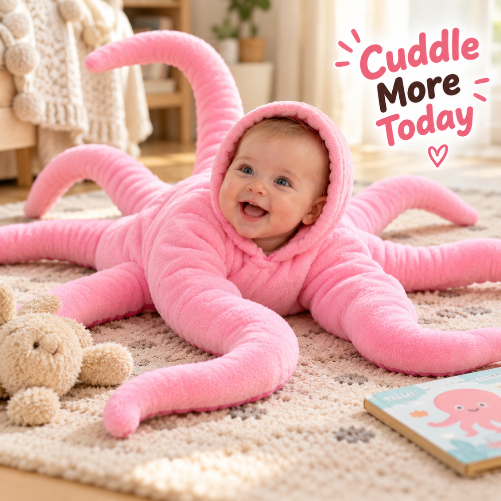 Disfraz infantil de pulpo rosa puesto, ideal para fiestas y juegos