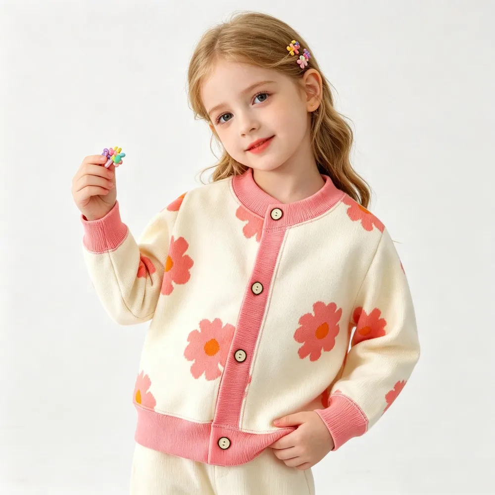 Cárdigan tejido infantil doblado, mostrando sus estampados