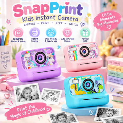 Vista frontal de la cámara instantánea infantil con lente y pantalla