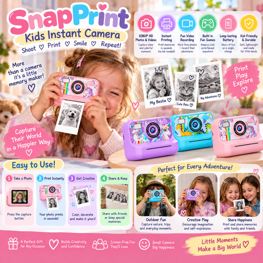 Niña usando una cámara instantánea infantil para tomar fotos