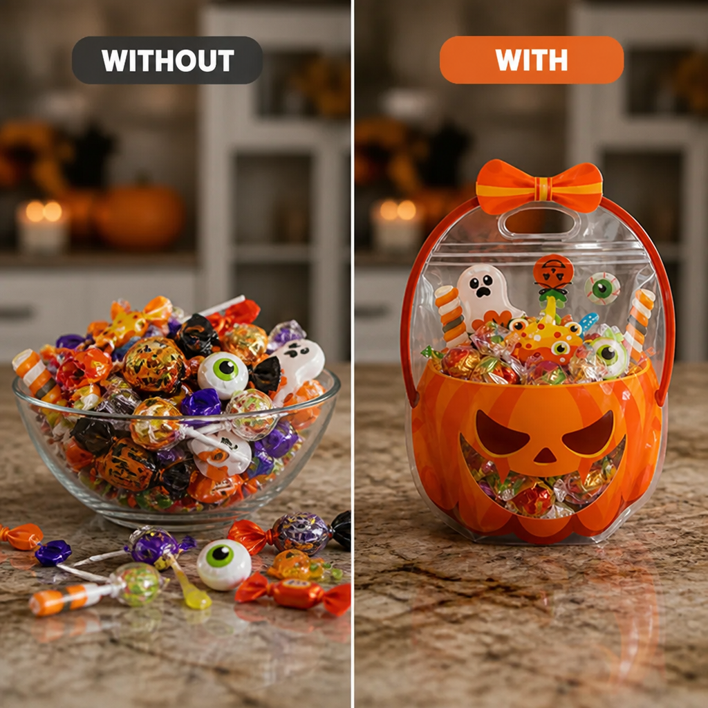 Bolsas transparentes de calabaza listas para colocar dulces