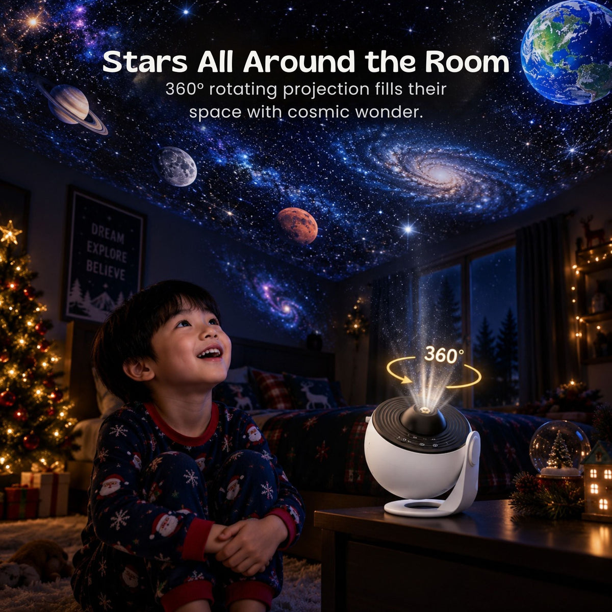 Proyector de galaxia iluminando el techo de una habitación
