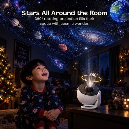 Proyector de galaxia iluminando el techo de una habitación