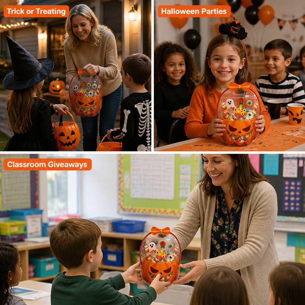 Vista del diseño de calabaza en una bolsa para dulces