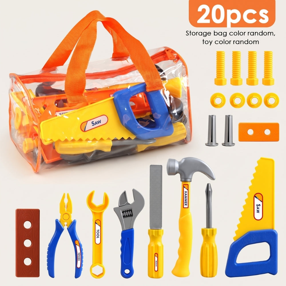 Caja abierta con herramientas y accesorios para juego de imitación