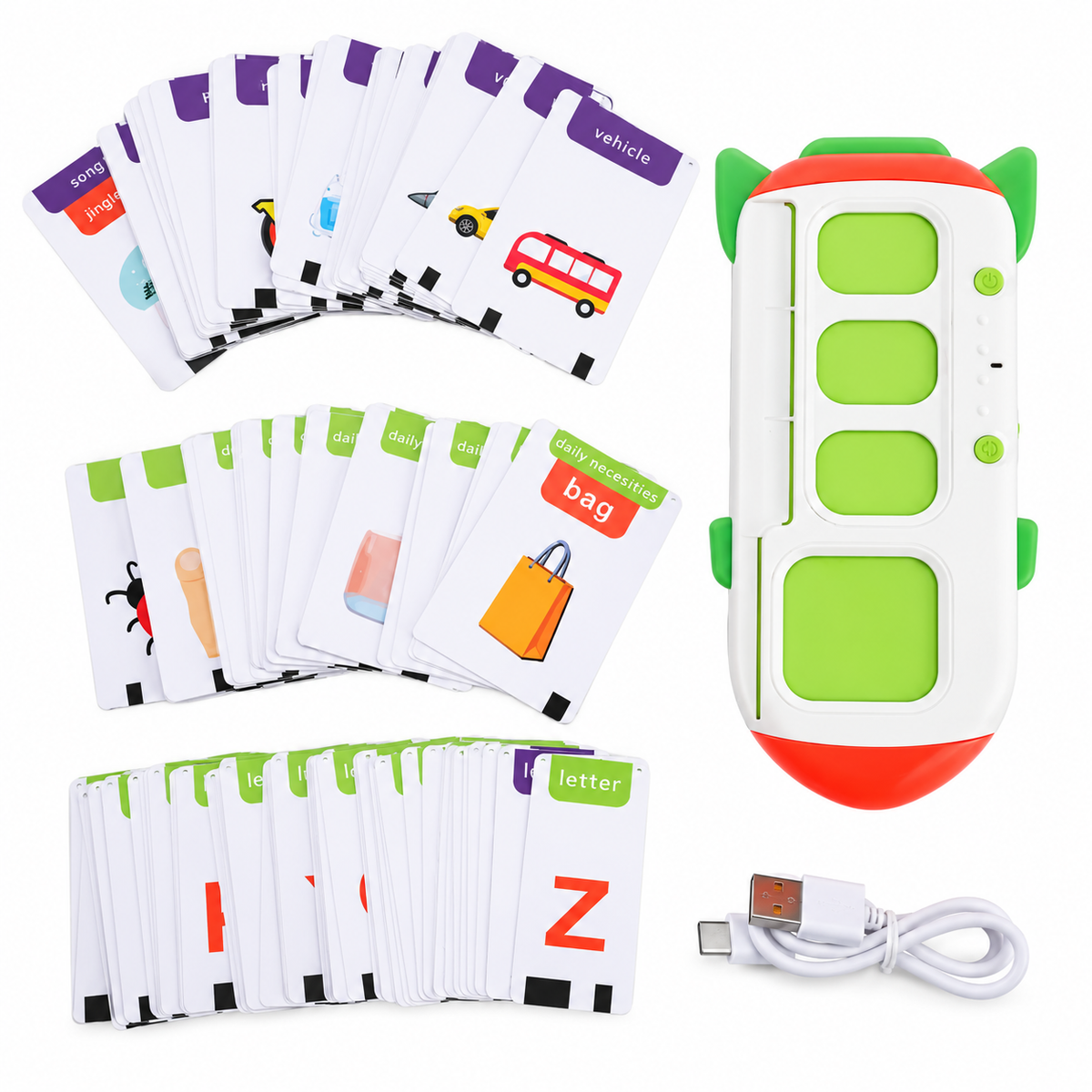 Niño usando una máquina de tarjetas parlantes para mejorar su pronunciación en inglés