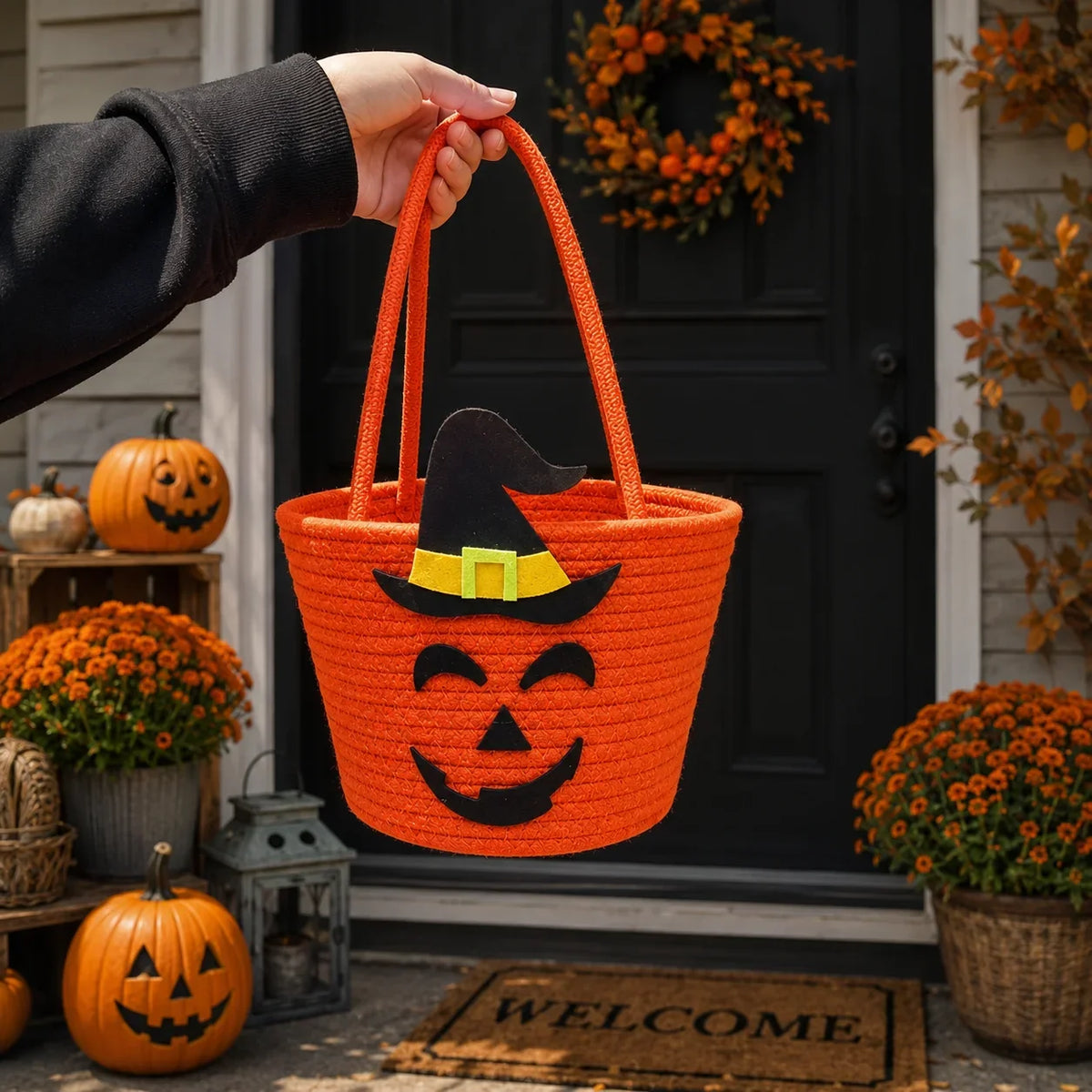 Canasta de Halloween con diseño de sombrero de bruja y dos asas resistentes
