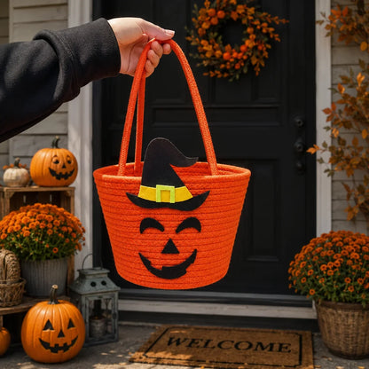 Canasta de Halloween con diseño de sombrero de bruja y dos asas resistentes