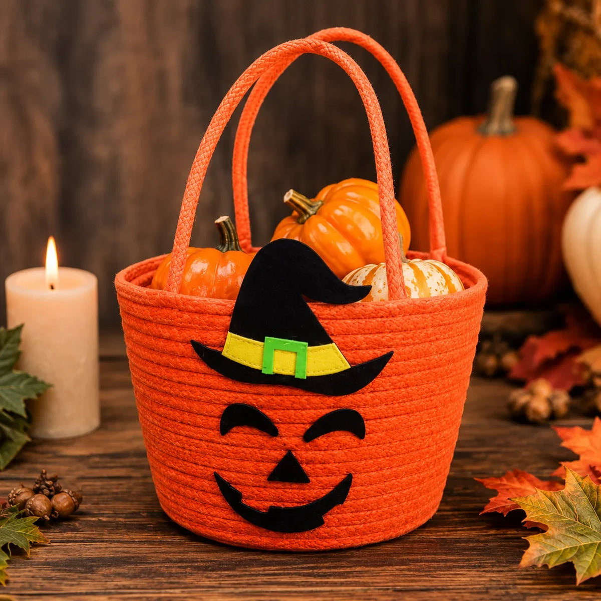 Canasta de Halloween abierta, ideal para guardar dulces y sorpresas