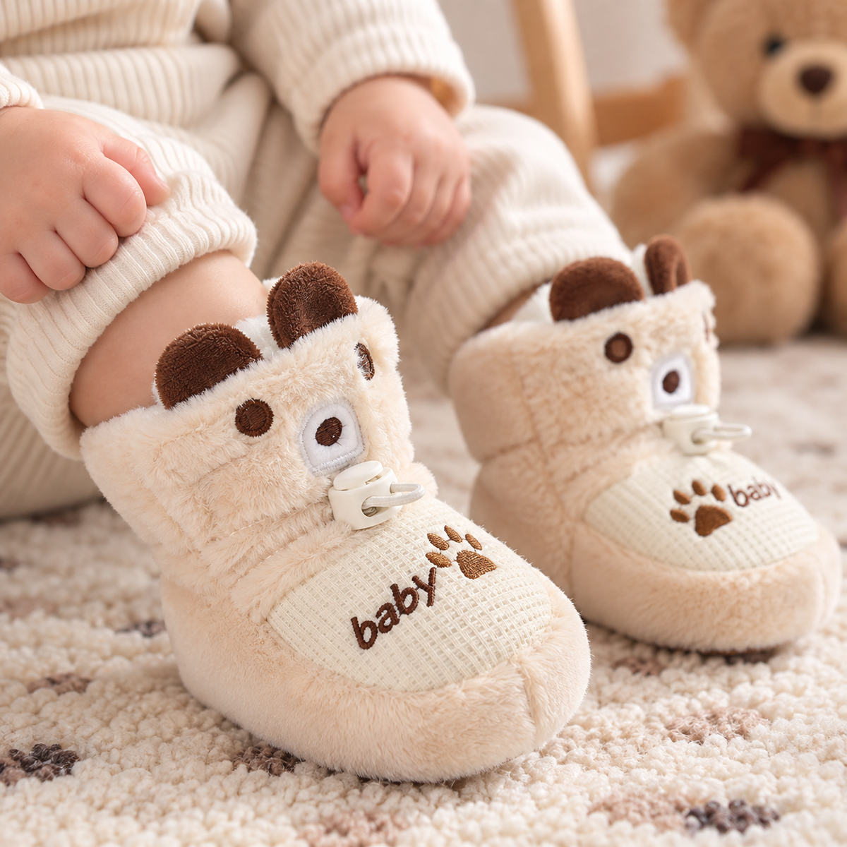 Vista frontal de zapatos suaves para bebé con interior afelpado