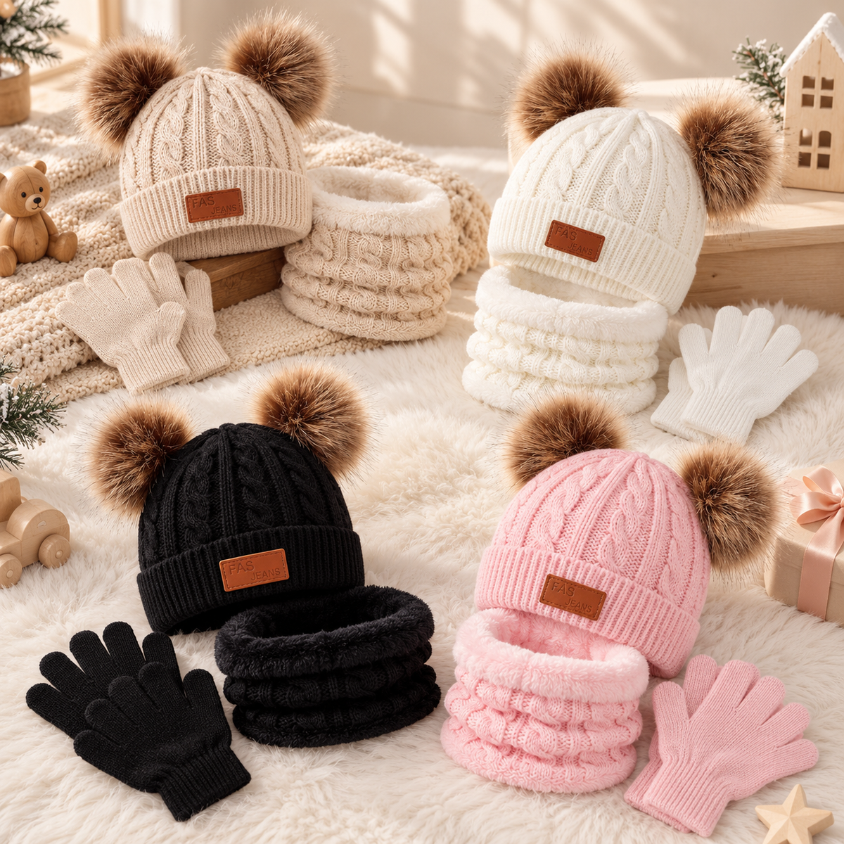 Set invernal infantil con gorro, bufanda y guantes juntos
