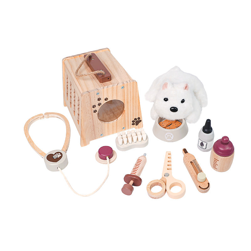 Set de veterinario de madera para niños con accesorios para jugar a cuidar mascotas