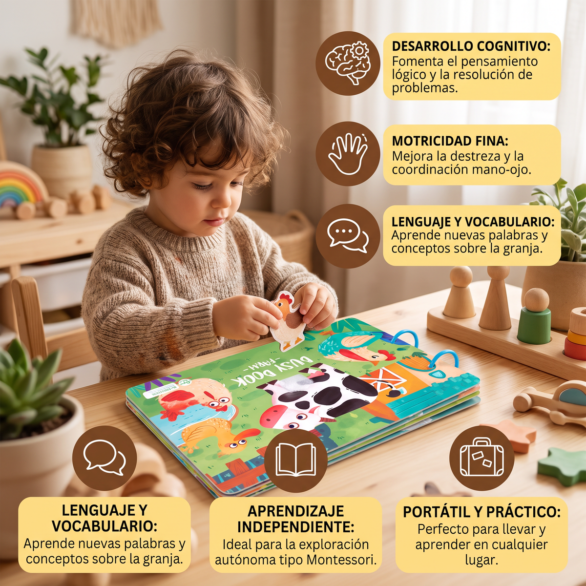Niños descubriendo profesiones mediante un libro Montessori