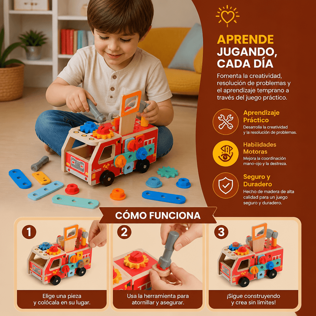 Camión de Bomberos de Madera con Caja de Herramientas - Niño Feliz