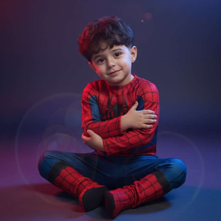 Disfraz de superhéroe musculoso para niño, vista frontal del conjunto