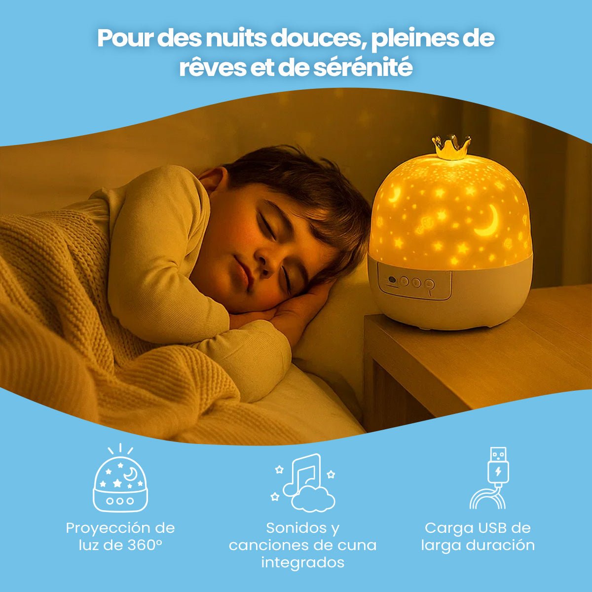 Luz Nocturna con Proyección de Cielo Estrellado - Niño Feliz