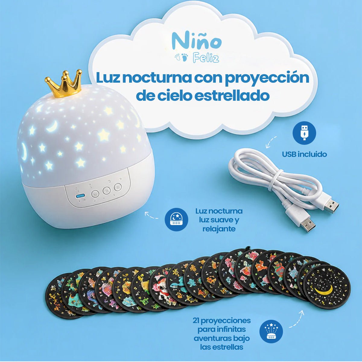 Luz Nocturna con Proyección de Cielo Estrellado - Niño Feliz