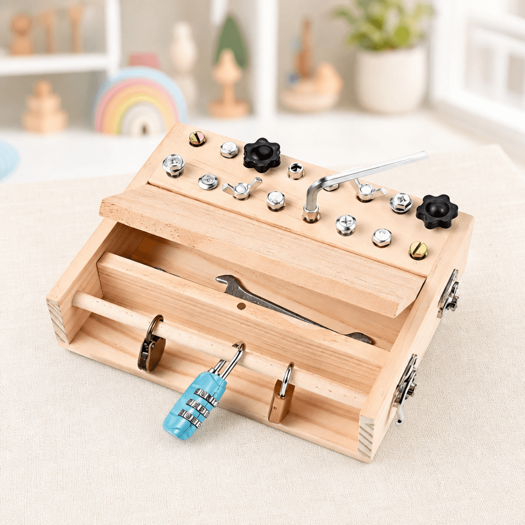 Tablero de actividades Montessori con cerraduras, pestillos y herramientas para aprender jugando
