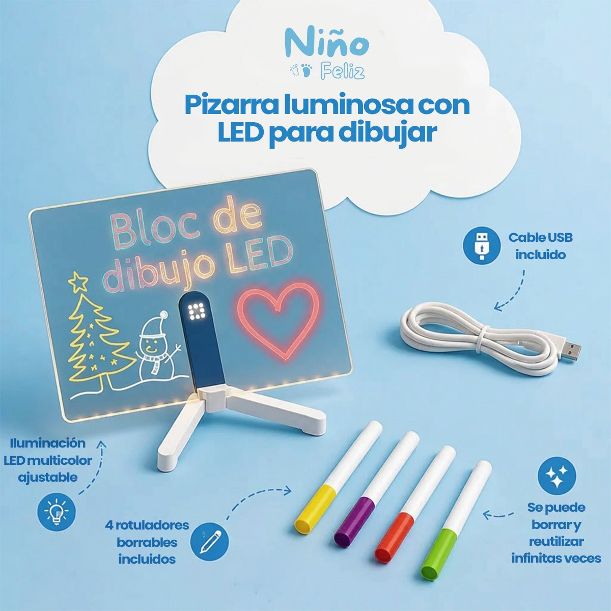 Pizarra luminosa con LED para dibujar - Niño Feliz