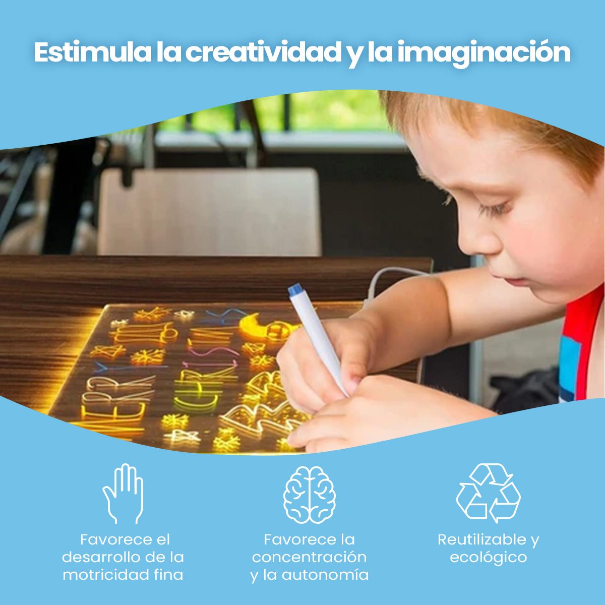 Pizarra luminosa con LED para dibujar - Niño Feliz
